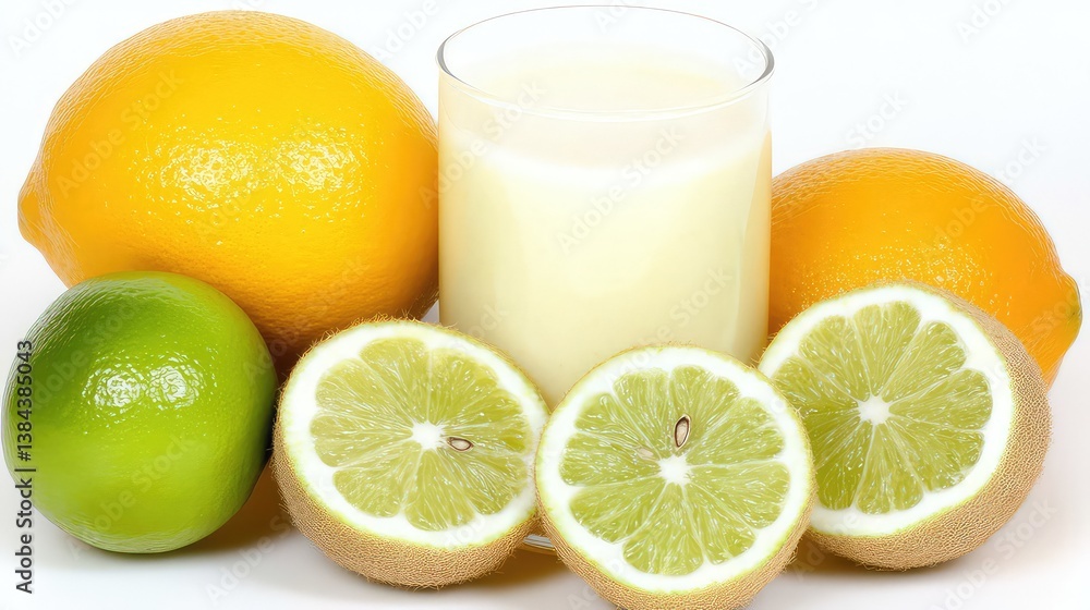 glass of milk surrounded by citrus fruits glass of milk surrounded by citrus fruits