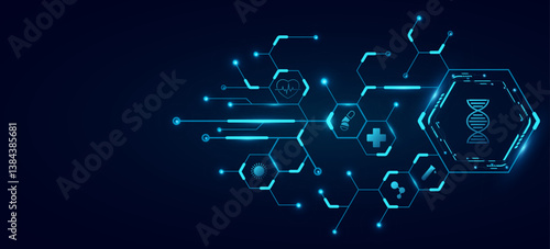 Medical technology background. Blue glowing connected hexagons with health care icons. Digital health insurance concept and access to welfare. Vector illustration. EPS 10