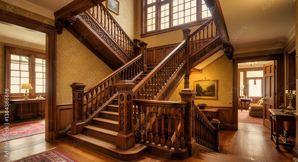 Grand Victorian Staircase With Intricate Woodwork And Polished Wood Finishes Grand Victorian Staircase With Intricate Woodwork And Polished Wood Finishes