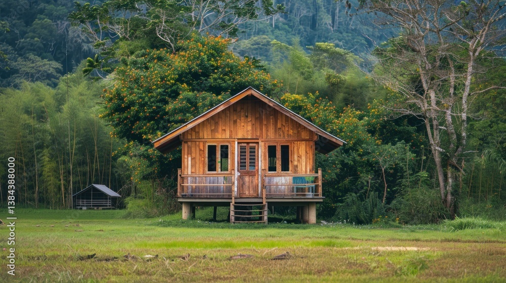 Obraz premium Small wooden house with a peaceful rural background stock photo --ar 16:9 --style raw --v 6 Job ID: f01cf302-c732-45af-a616-a581b047dd7f