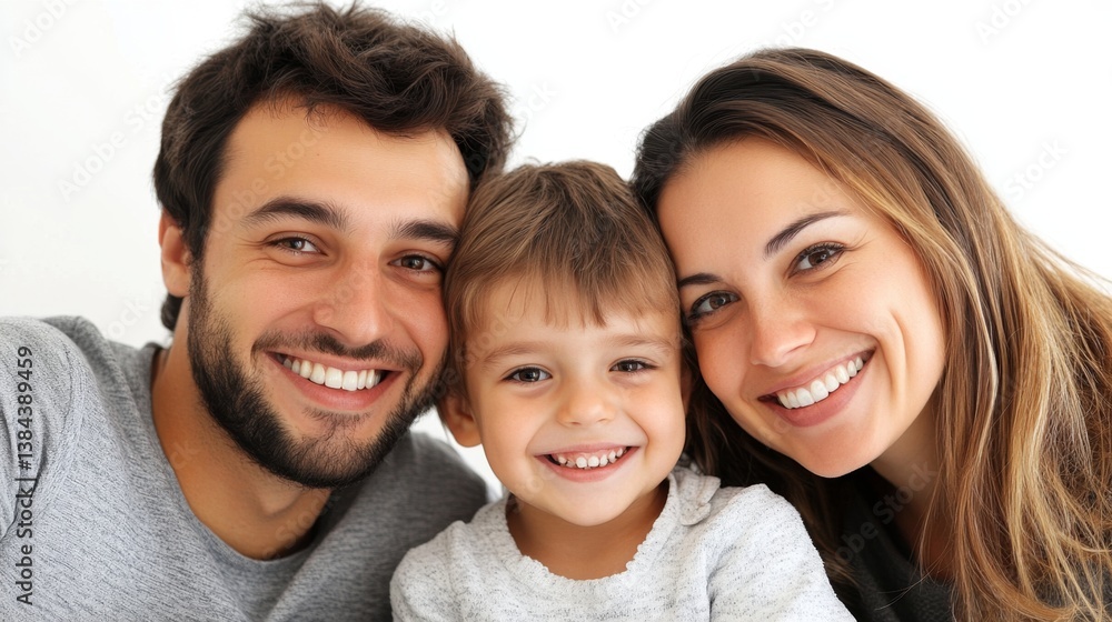 Portrait of Joyful Family of Three Smiling Together on White Background - Medium Shot with High Detail Portrait of Joyful Family of Three Smiling Together on White Background - Medium Shot with High Detail