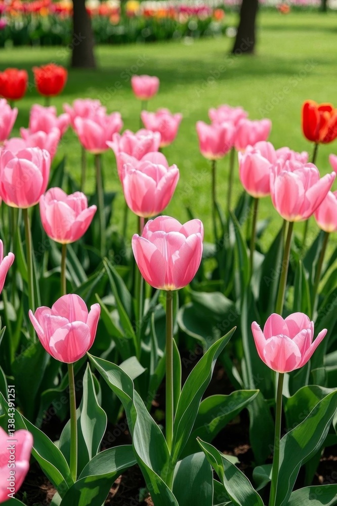 there are many pink tulips in a field of green grass there are many pink tulips in a field of green grass