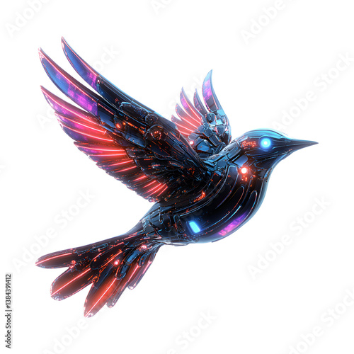 A Glowing Robotic Bird with Neon Feathers and a Sleek Design Isolated on Transparent Background