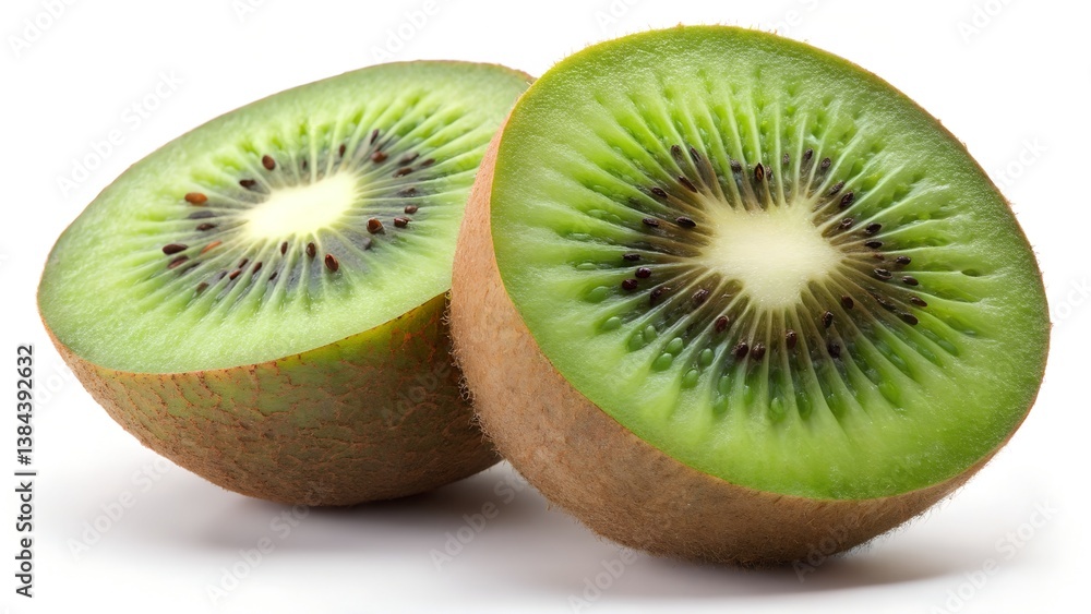 One kiwi fruit cut in halves isolated on white background One kiwi fruit cut in halves isolated on white background