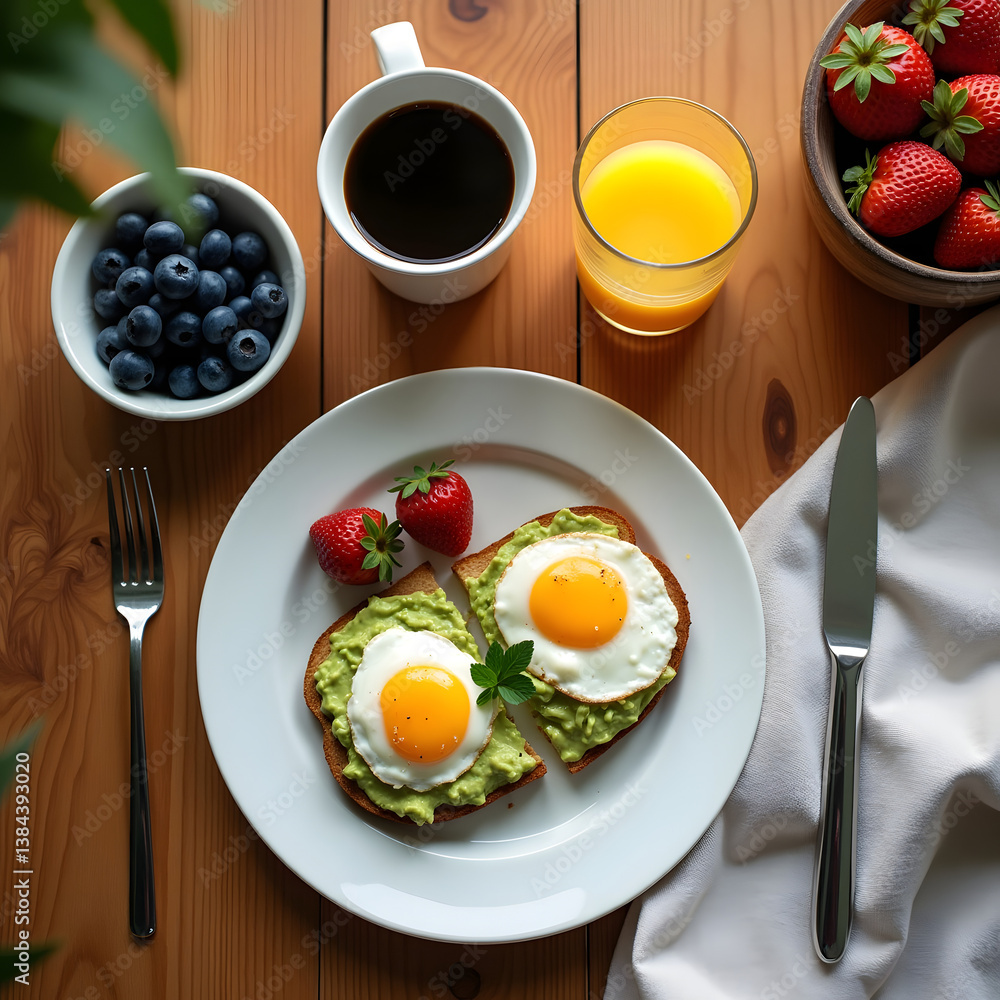 Aesthetic Flat Lay of Healthy Breakfast with Fruits and Coffee on Wooden Table Aesthetic Flat Lay of Healthy Breakfast with Fruits and Coffee on Wooden Table