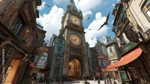 Victorian-era clock tower in a city street scene.