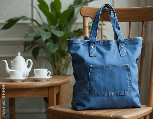 blue denim tote bag on a wooden chair with tea set nearby