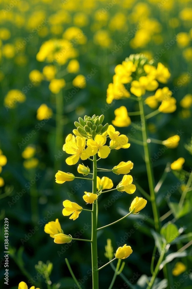 Fototapeta premium yellow flowers in a field of green grass with a bee on it