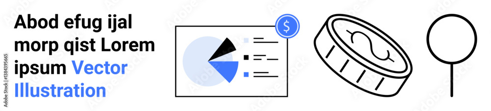 Pie graph on report, dollar coin, and magnifying glass. Ideal for finance, analytics, research, investment planning economy simple landing page. Line metaphor. Simple line icons Pie graph on report, dollar coin, and magnifying glass. Ideal for finance, analytics, research, investment planning economy simple landing page. Line metaphor. Simple line icons