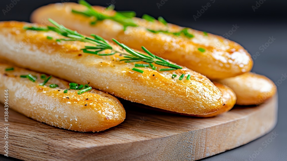 Crispy herb seasoned breadsticks on wooden board Crispy herb seasoned breadsticks on wooden board