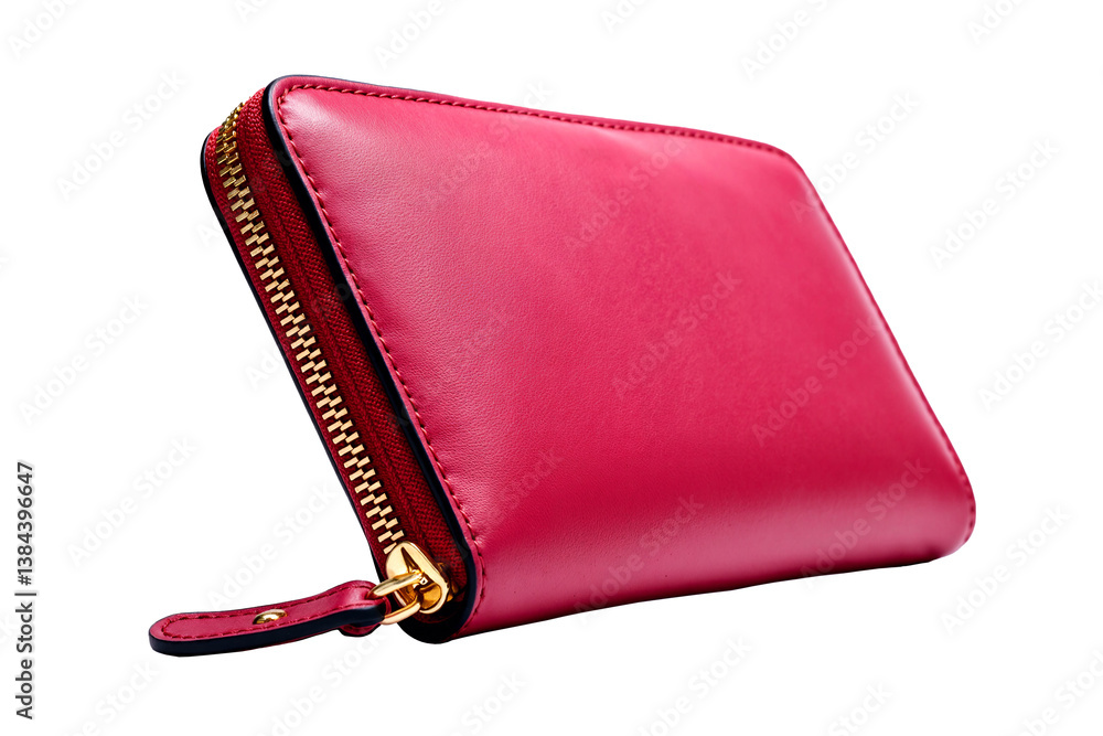 Bright pink leather zip-around wallet on transparent background, compact women's designer purse with gold zipper detail, luxury fashion accessory in vibrant fuchsia color Bright pink leather zip-around wallet on transparent background, compact women's designer purse with gold zipper detail, luxury fashion accessory in vibrant fuchsia color