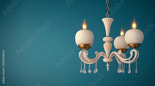 White Chandelier with Globe Lamps and Crystal Pendants Against Teal Wall