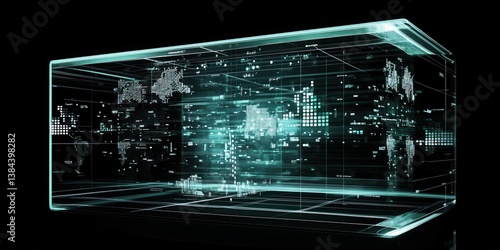 An abstract futuristic world map displayed within a transparent cube