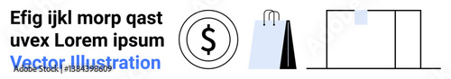 Minimal shopping bag, large dollar symbol, clean layout design with focus on e-commerce, online payment. Ideal for retail, finance, branding, web design, marketing commerce simple landing page
