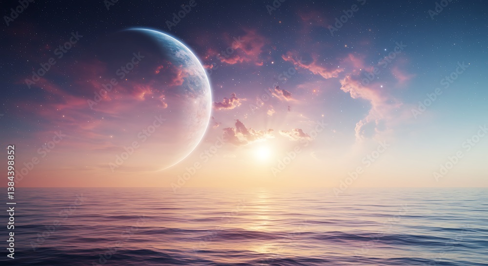 Stunning Ocean View at Sunset with Celestial Planet and Colorful Sky Stunning Ocean View at Sunset with Celestial Planet and Colorful Sky