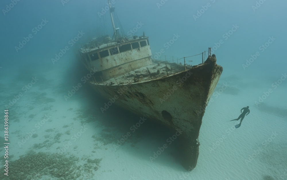 Fototapeta premium Diver Exploring Rusted Shipwreck on Sandy Ocean