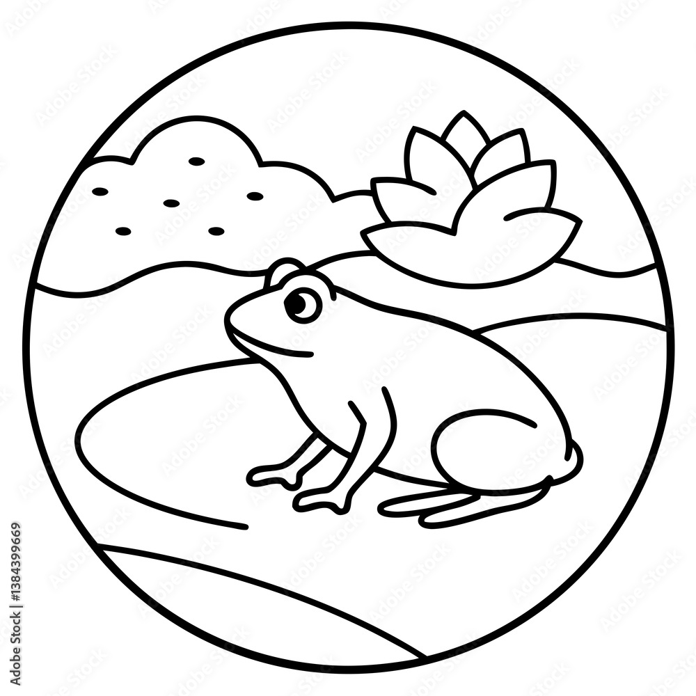 River with floating lily pad and frog line art vector illustration River with floating lily pad and frog line art vector illustration