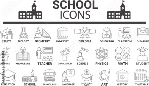 School icon set. It contains classroom, student, and teacher icons. Education and knowledge symbol. Solid icons vector collection.