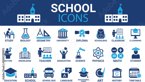School icon set. It contains classroom, student, and teacher icons. Education and knowledge symbol. Solid icons vector collection.