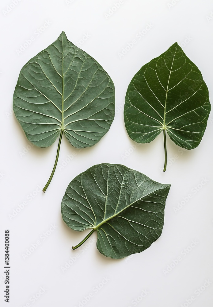 Fototapeta premium Three green leaves on white background