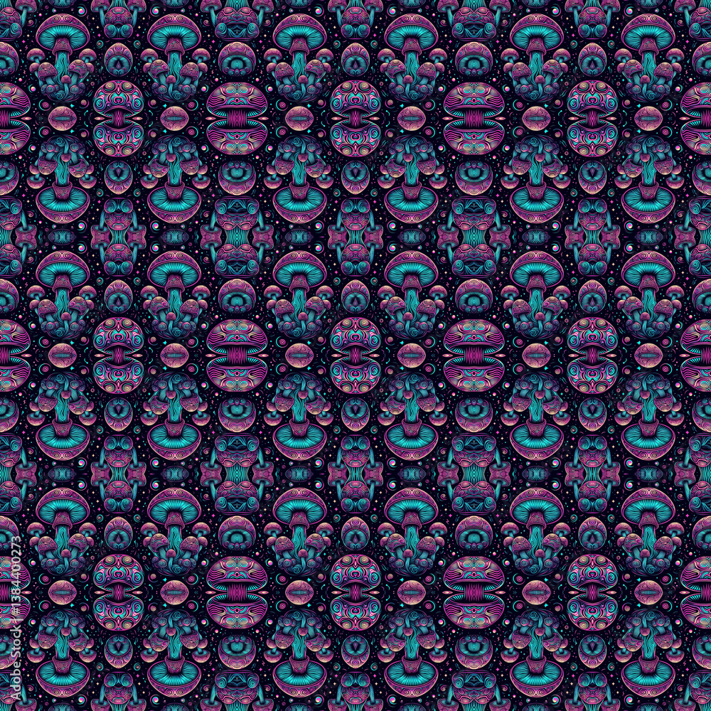 Seamless Magic Mushroom Pattern – Whimsical Psychedelic Textile and Fashion Design Seamless Magic Mushroom Pattern – Whimsical Psychedelic Textile and Fashion Design