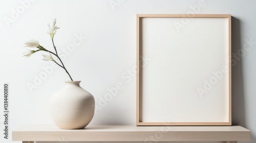White Vase with Branch and Empty Frame Mockup