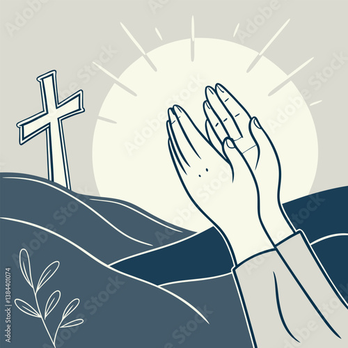  "Hands lifted in prayer with a glowing cross in the distance."