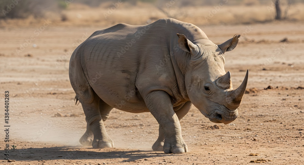 Fototapeta premium A robust rhinoceros navigates the arid plains with its powerful legs, kicking up dust as it moves across the tan, dry ground.