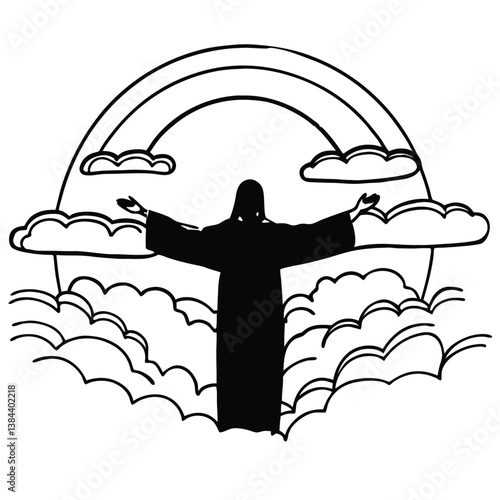  "Jesus with outstretched arms silhouetted in front of a glowing sky."