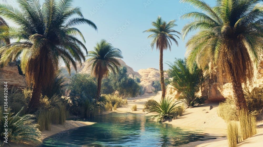 Obraz premium Serene oasis with swaying palms and tranquil waterscapes in a desert setting
