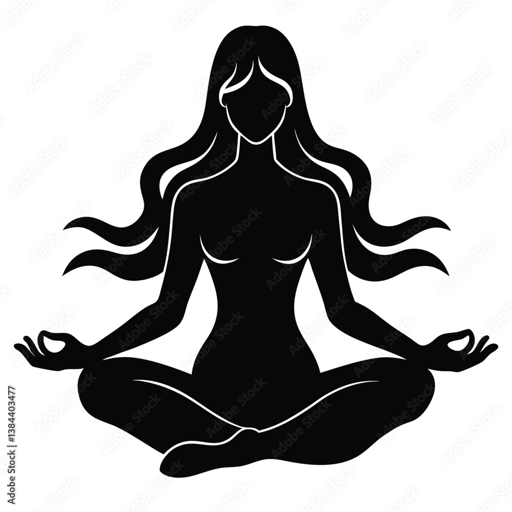 Black Silhouette of Woman in Lotus Position with Long Hair Black Silhouette of Woman in Lotus Position with Long Hair