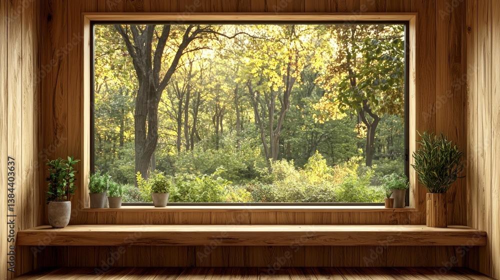 Fototapeta premium Serene Forest View from Wooden Window Seat: Peaceful Nature Scene in Cozy Home Interior