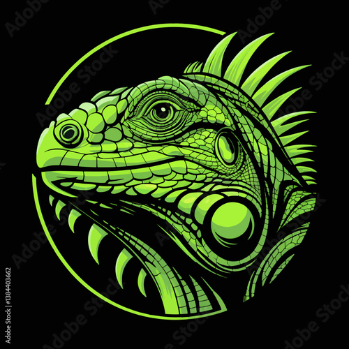 green iguana on a black background
