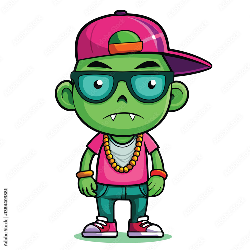 Cartoon Green Zombie With Pink Cap, Gold Chain, Glasses, and Fang Teeth on White Background Cartoon Green Zombie With Pink Cap, Gold Chain, Glasses, and Fang Teeth on White Background