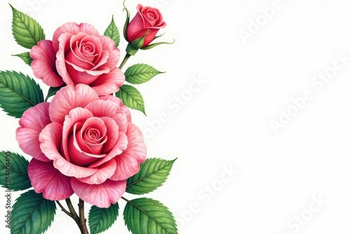 Intricate watercolor rose blossoms, lush green leaves , floral design, nature