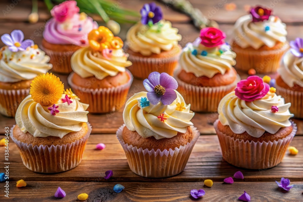 Delightful assortment of sweet vanilla cupcakes adorned with vibrant buttercream frosting and delicate floral decorations on a rustic wooden surface Delightful assortment of sweet vanilla cupcakes adorned with vibrant buttercream frosting and delicate floral decorations on a rustic wooden surface