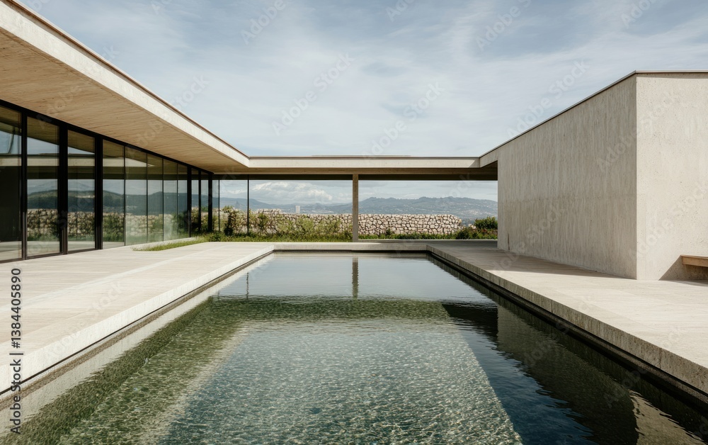 Fototapeta premium Modern Beige Stone House with Reflecting Pool