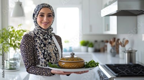 Moroccan woman in a hijab holding a tray with traditional tagine in her hands, set against a modern stylish kitchen, Moroccan cuisine concept, AI generated