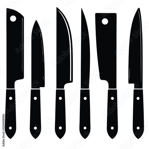 Set of Six Black Kitchen Knives Silhouettes, Culinary Tools