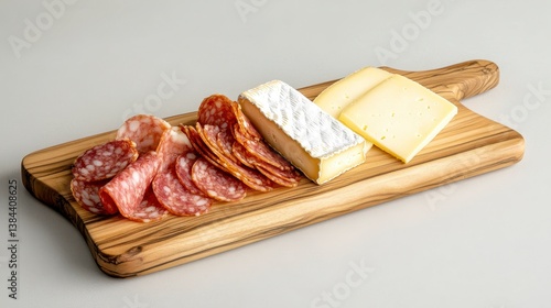 Gourmet Charcuterie Board: A meticulously arranged wooden board showcases a selection of exquisite cured meats, creamy cheeses, inviting culinary delights.
