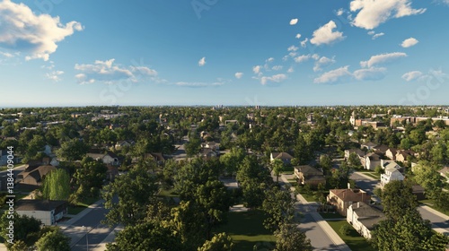 Picturesque Suburban Neighborhood Scene with Lush Greenery and Blue Sky View