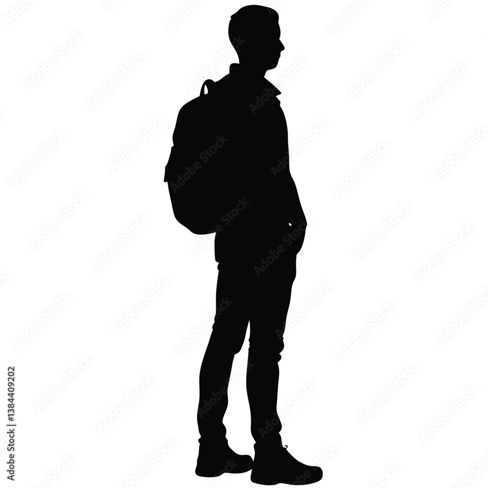 Silhouette of Standing Man with Backpack, Side View Silhouette of Standing Man with Backpack, Side View