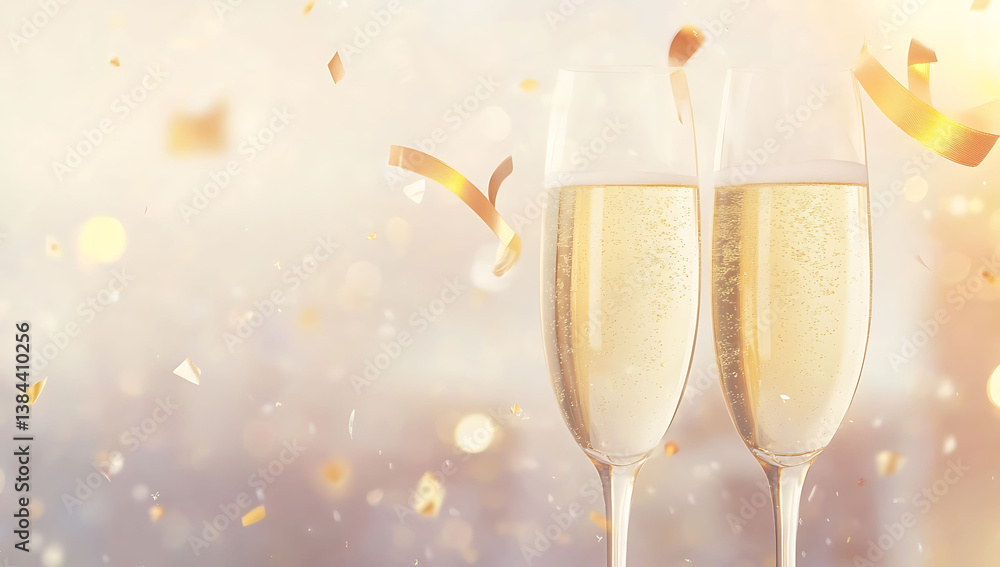Festive Banner with Champagne Glasses, Gold Ribbons, and Party Confetti on a Soft-Focused Backdrop Festive Banner with Champagne Glasses, Gold Ribbons, and Party Confetti on a Soft-Focused Backdrop