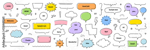 Line frame text speech bubble set. Line balloon frame design talk speech bubble frame. Comic japan style design conversation text dialog balloon, simple doodle thinking cloud. Vector illustration