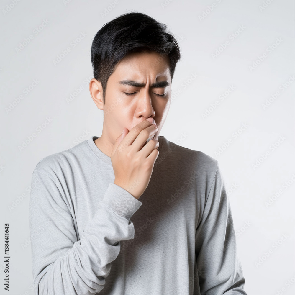 a young man in a grey long t-shirt is coughing a young man in a grey long t-shirt is coughing