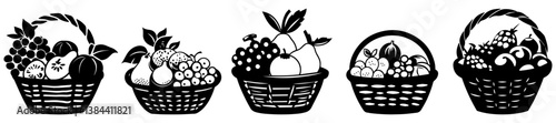 Fruit Basket Silhouette Vector Set, Black and White Fresh Produce Design for Graphics