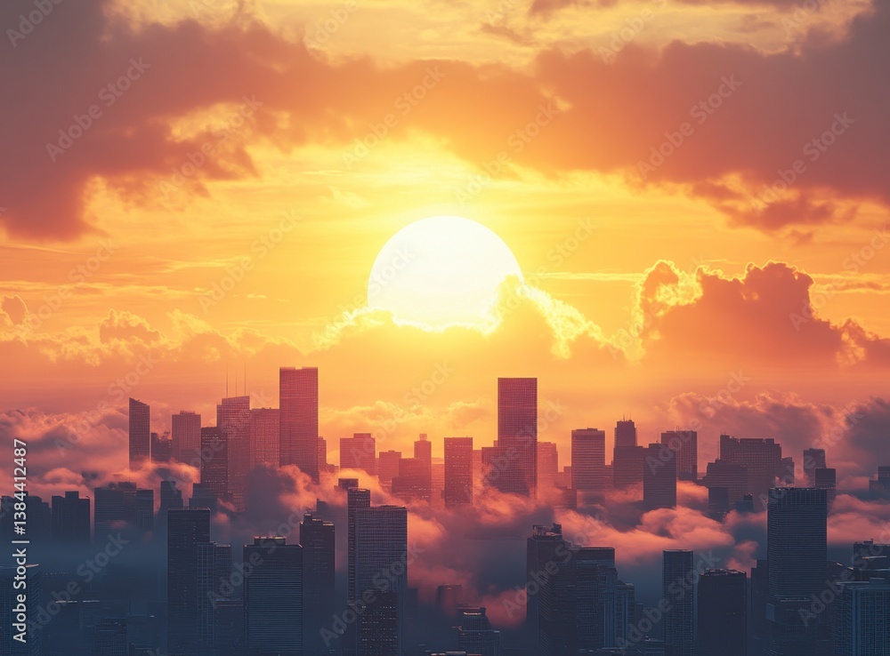 Cityscape at Sunrise Emerging From Clouds with Golden Light Glow Cityscape at Sunrise Emerging From Clouds with Golden Light Glow