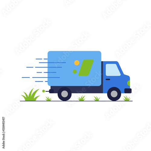 Delivery truck moving quickly on grass background  