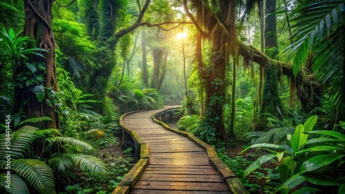 Fototapeta Naklejka Na Ścianę i Meble -  Serene Wooden Path Winding Through Lush Tropical Rainforest Under Sunlight