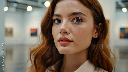 Young woman poses in contemporary art gallery showcasing modern artwork with bright and vibrant colors
